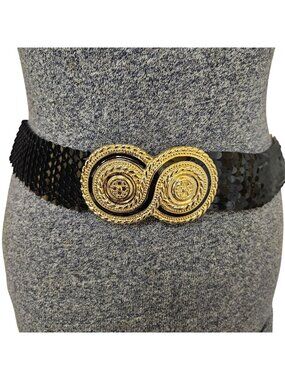 Day Lor Stretch Belt Womens Black Metallic Fish Scale Infinity Gold Buckle